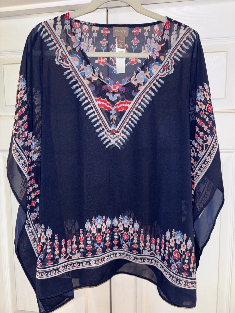 Chico's Navy Floral V-Neck Semi-Sheer scarf Blouse S/M